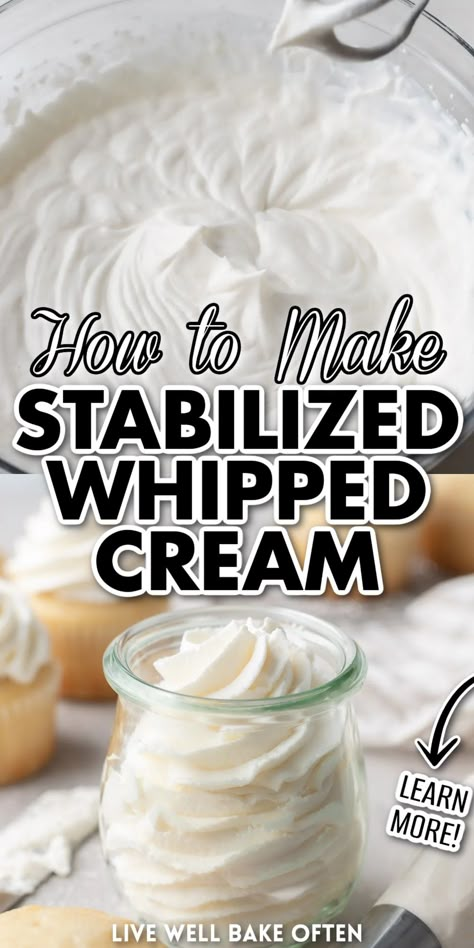 Homemade Whipped Cream With Heavy Cream, Whipped Cream And Jello, How To Make Whipped Cream, Stabilized Whip Cream, Homemade Whipped Cream Easy, Stablized Whipped Cream, Home Made Whipped Cream, Whipping Cream Recipe, Whip Cream Recipe