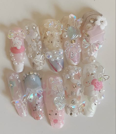 Angelic Nails, Cute Nails Pink, Corset Nails, Nails Pink White, Coquette Nail, Art Deco Nails, Asian Nails, Girly Acrylic Nails, Pretty Gel Nails