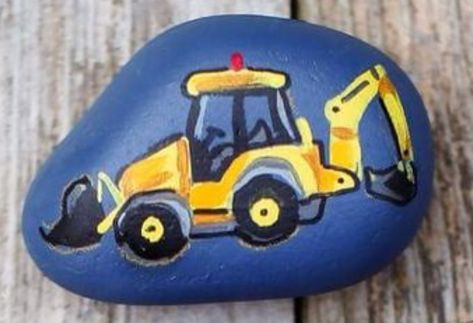 Digger tractor painted rock Painting Pebbles, Rock Creations, Rocks Painting, Painting Stones, Mandala Painted Rocks, Happy Stones, Football Kids, Kindness Rocks, Rock Painting Art