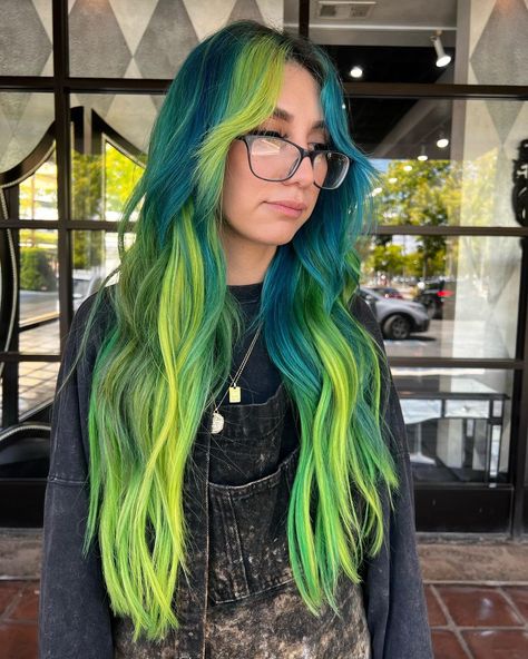 Succulent Hair Color, Ghost Roots, Teal Hair Color, Emerald Hair, Yellow Hair Color, High Fashion Hair, World Hair, Vivid Hair Color, Pulp Riot Hair