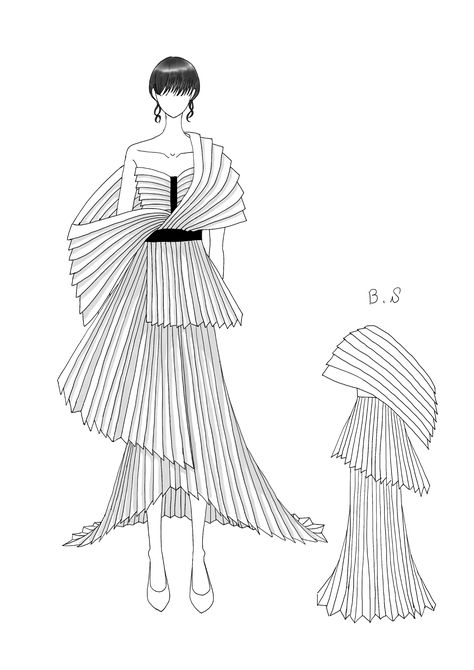 Pleats Drawing, Pleated Outfit, Fashion Design Inspiration Board, Pleats Fashion, Fashion Sketching, Fashion Template, Pleats Dress, Clothing Pattern Design, Hidden Art