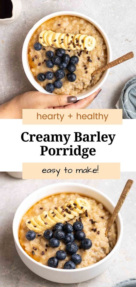 This creamy, sweet, and satisfying barley porridge is the perfect breakfast option. A one-pot recipe that is easy to make and only calls for a handful of simple ingredients. This porridge is freezable, too, making it great for meal prep! Sweet Barley Recipe, Breakfast Barley Recipe, Barley Recipe Healthy, Barley Breakfast, Barley Porridge, Barley Recipe, Chia Recipe, Breakfast Porridge, Brunch Bread