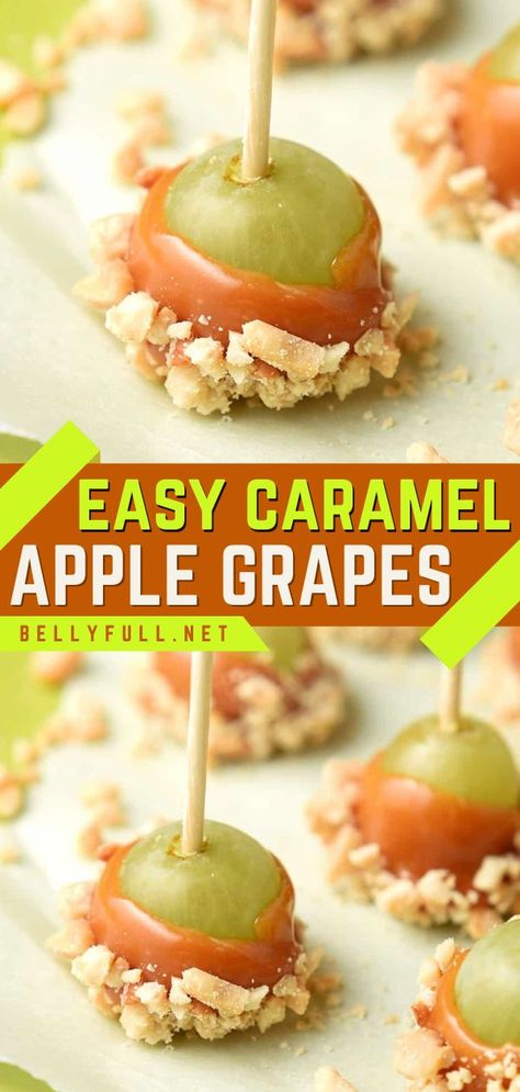 The perfect holiday party food! Not only is this caramel apple grapes recipe easy to make and eat, but it is also cute and fun. Dipped in caramel then in nuts, these grapes are the New Year's Eve food everyone will enjoy! Caramel Apple Grapes, Grape Appetizers, Apple Twist, Caramel Apples Easy, Party Snacks Easy, Easy Caramel, Grape Recipes, Fall Appetizers, How To Make Caramel