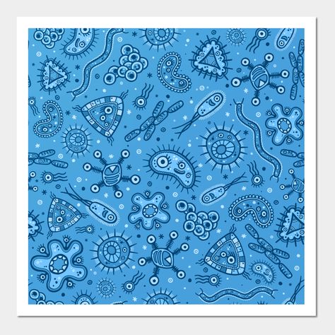 Microbes pattern, blue. -- Choose from our vast selection of art prints and posters to match with your desired size to make the perfect print or poster. Pick your favorite: Movies, TV Shows, Art, and so much more! Available in mini, small, medium, large, and extra-large depending on the design. For men, women, and children. Perfect for decoration. Physical Science Experiments, Science Wallpaper, Biology Drawing, Biology Science, Medical Wallpaper, Biology Art, Science Notes, Science Fair Projects, Science Biology