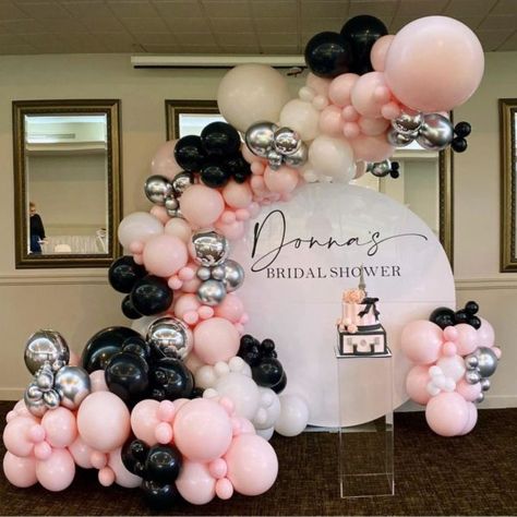 Pink Silver Balloon Garland, Balloon Decorations Without Helium, Silver Balloon Garland, Baby Shower Balloon Decorations, Bridal Shower Balloons, Balloon Artist, Bridal Shower Backdrop, 3d Signs, Pink Birthday Party