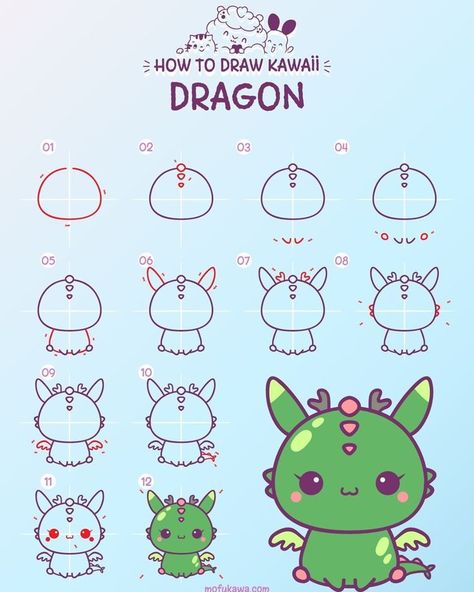 How to draw a kawaii dragon Easy Halloween Drawings, Easy Dragon Drawings, Chibi Dragon, Draw Kawaii, Cute Dragon Drawing, How To Draw Cute, Kawaii Drawing, Cute Dragon, Art Kawaii