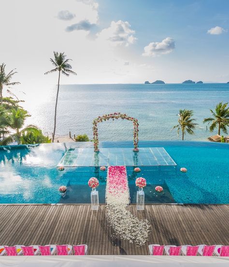 The unique wedding concept: over-water wedding ceremony at Conrad Koh Samui,Thailand #weddingideas #destinationwedding Water Wedding Ceremony, Pool Wedding Decorations, Beach Wedding Decorations Reception, Unique Destination Wedding, Pool Wedding, Wedding Concept, Thailand Wedding, Mandap Decor, Water Wedding