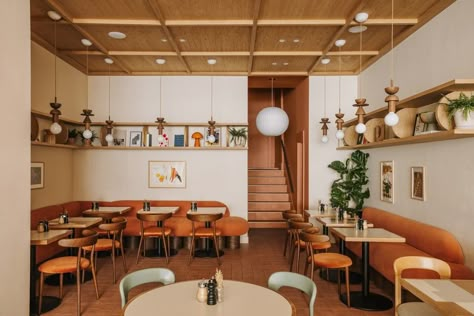 Beam Cafe by Ola Jachymiak Studio | Café interiors Bespoke Shelving, Muswell Hill London, Luxury Restaurant Interior, Colored Tiles, Muswell Hill, Cafe Concept, Design House Stockholm, Wooden Ceiling, Breakfast And Brunch