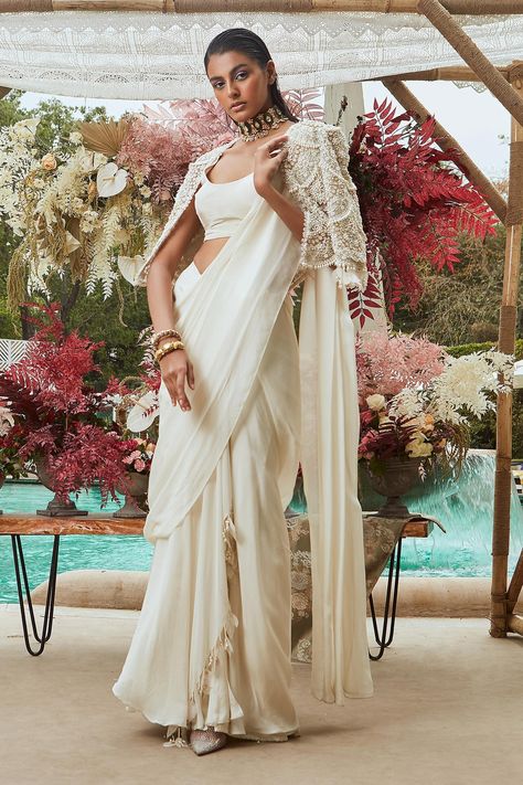 Saree With Jacket, Pant Saree, Ridhima Bhasin, Chiffon Embroidery, Pleated Saree, Bridal Sari, Reception Bride, Sharara Pants, Draped Saree