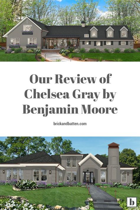 When it comes to gray exterior paint colors, there are seemingly endless shades to choose from, but Chelsea Gray by Benjamin Moore is one of our favorites. Its versatility makes it a good go-to regardless of building style or cladding texture. Grey Painted Houses Exterior, Chelsea Grey Benjamin Moore Exterior, Chelsea Grey Exterior House, Bm Chelsea Gray Exterior, Chelsea Gray Exterior House, Benjamin Moore Chelsea Gray Exterior, Chelsea Gray Benjamin Moore Exterior, Chelsea Gray Exterior, Chelsea Grey Benjamin Moore