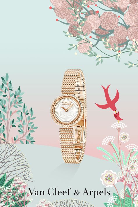 It's almost time to celebrate Mother's Day!… The Perlée watch and its dial in guilloché mother-of-pearl captures light for an intense sparkle! #Perlee #VanCleefArpels #MothersDay Illustrator: Charlotte Gastaut Vancleefarpels Watch, Mothers Day Campaign, Luxury Graphic Design, Jewelry Artwork, Jewelry Product Shots, Bvlgari Jewelry, Fashion Poster Design, Antique Jewellery Designs, Jewelry Illustration