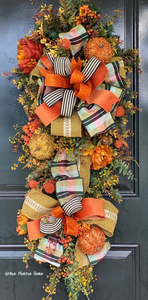 How to Make a Stunning Fall Swag for Your Front Door! How To Make A Fall Swag, Fall Teardrop Swags, Front Door Swag Ideas, Yard Stick Wreaths, Yard Stick Swag Diy, Fall Swags Diy, Door Swag Diy How To Make, Swag Wreath Diy, Round Fall Door Hangers