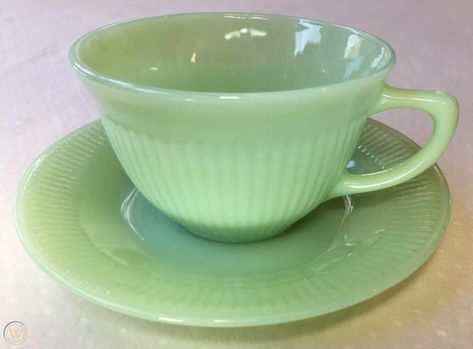 Green Milk Glass, Green Glassware, Vintage Fire King, The Cup, Vintage Dishes, Fire King, Vintage Glassware, Milk Glass, Cup And Saucer