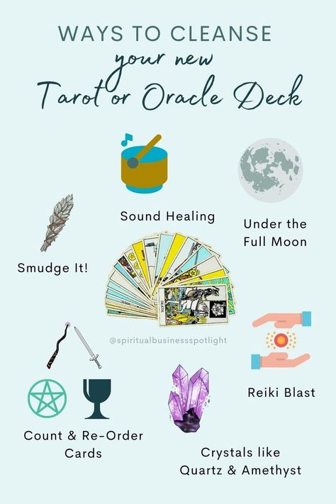 tarot cards surrounded by a smudge stick; a sound healing bowl; the moon; hands with a circle of energy; crystals; and a pentacle, cup, wand, and sword. Cleansing Methods, New Tarot Deck, Tarot Interpretation, Tarot Cards For Beginners, Tarot Guide, Clean And Clear, Oracle Card Reading, Tarot Tips, How Do You Clean