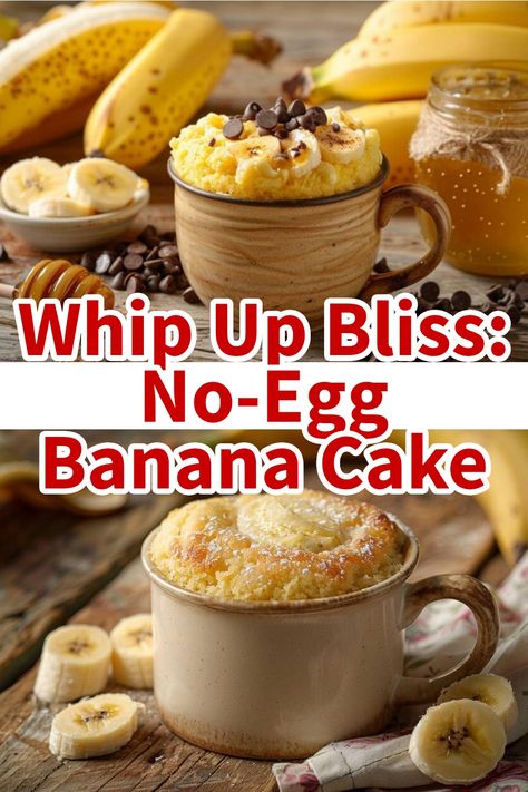 A delicious no-egg banana mug cake topped with chocolate chips and surrounded by bananas, honey, and chocolate pieces. Banana Mug Cake No Egg, Easy Banana Mug Cake, Recipe For Mug Cake, Mug Cake With Banana, Banana Mug Cake Microwave, No Egg Mug Cake, Banana Mug Cake Recipe, Mug Cake Without Egg, Banana Bread In A Mug