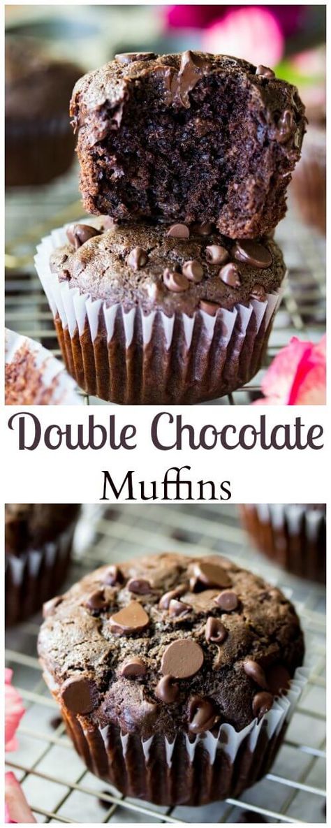 Easy double chocolate muffins! These are easy from scratch muffins and a chocolaty favorite! || Sugar Spun Run via @sugarspunrun Chocolate Muffins Moist, Muffins Chocolate Chip, Resep Muffin, Choc Chip Muffins, Sugar Spun Run, Double Chocolate Chip Muffins, Muffins Blueberry, Chocolate Muffin Recipe, Double Chocolate Muffins