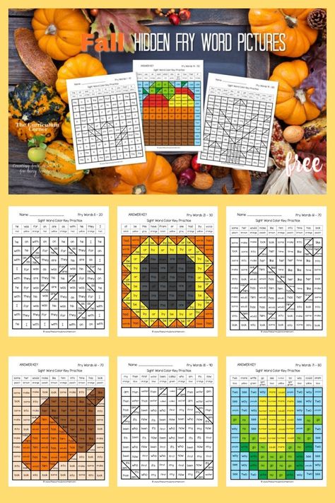 Fry Freebie! Practice sight words with these free Fall Fry Word Hidden Pictures (for words 1 - 100).  Another freebie for teachers and parents from The Curriculum Corner. Mystery Pictures Free, Aftercare Ideas, Practice Sight Words, Free Thanksgiving Printables, Books Writing, Word Work Centers, Indoor Recess, Teacher Helper, Literacy Resources