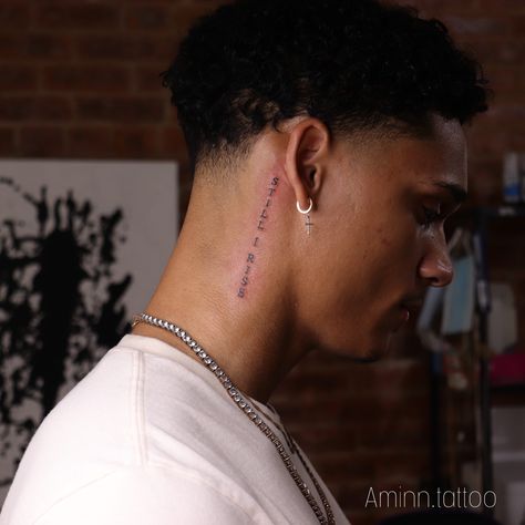 Small Men’s Neck Tattoos, Text Tattoo On Neck, Neck Word Tattoo Men, Name On Neck Tattoo Men, Behind Ear Word Tattoo, Behind Ear Men Tattoo, Neck Tattoo For Guys Words, Neck Tattoo For Guys Small Words, Word Neck Tattoo Men