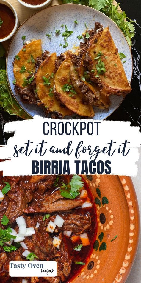 If you're looking for an amazing and easy recipe for birria in a crock pot, this is it! Made from tender cuts of beef and a Mexican-inspired sauce that's full of richness and warming flavor, Slow Cooker Birria is guaranteed to please. Enjoy in its original form as a stew or use to make those infamous birria tacos! Birria Crock Pot Recipes, Gf Slow Cooker Recipes, Birra Crock Pot, Chuck Roast Birria Tacos Crockpot, Easy Slow Cooker Birria Tacos, Birria In Crock Pot, Beef Brisket Tacos Crock Pot, Baria Tacos Crockpot, Crockpot Barrio Tacos