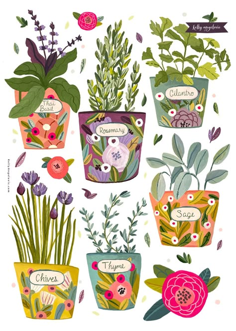 Pots Illustration, Potted Plant Illustration, Potted Herbs, Garden Illustration, Plant Illustration, Floral Illustrations, Illustration Inspiration, Whimsical Art, Cute Illustration