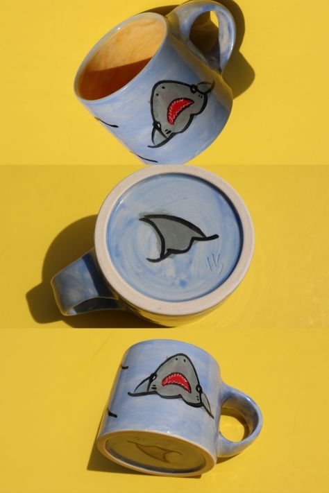 Shark Mug Pottery, Pottery Painting Ideas Shark, Shark Pottery Painting, Shark Pottery, Ceramic Shark, Shark Mug, Shark Painting, Painting Pottery, Diy Pottery Painting