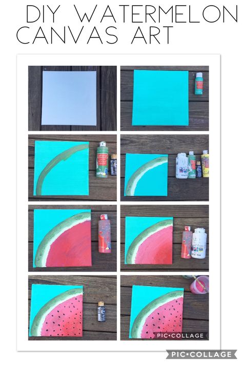 DIY Watermelon Canvas Art 🍉 Summer Diy Painting Canvas, Summer Canvas Painting Ideas Kid Art, June Painting Ideas, Easy Summer Paintings On Canvas Simple, Easy Summer Canvas Paintings, Summer Painting Ideas On Canvas Easy, Watermelon Canvas Painting, Easy Painting For Kids On Canvas, Summer Easy Paintings