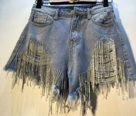 Diamond Shorts, Summer Denim, Embellished Denim, Blue Denim Shorts, Asymmetrical Design, Straight Leg Denim, Denim Shorts Women, Shorts Jeans, Short En Jean