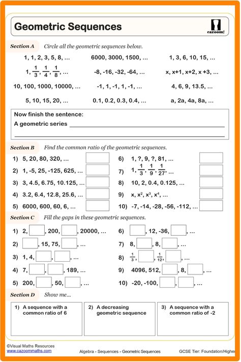 Geometric Sequences Worksheet Math Worksheets For High School, Geometric Sequences Activity, Year 9 Maths Worksheets, Geometric Sequence, High School Classrooms, 9th Grade Math, Arithmetic Sequences, Geometric Sequences, Geometric Series