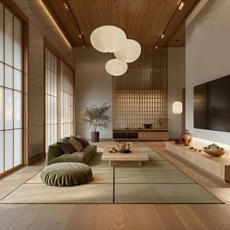 This space is a perfect embodiment of the Japandi style, seamlessly blending Japanese aesthetics with Scandinavian simplicity. The room features a traditional tatami mat floor, low wooden furniture, and large shoji screens that allow soft, natural light to filter through.  #japandi #japandistyle #japandiinterior #japandidesign #japandihome #japandihomestyling #japandihouse #japandihomedecor #japandidécor #japandiinteriordesign #japandidecor #japaneseinterior #japaneseinteriordesign Shoji Interior Design, Japanese Home Decor Ideas, Japanese Tea Room Design, Japanese Room Style, Scandinavian Interior Aesthetic, Japanese Style Home Decor, Tatami Mat Living Room, Japanese Inspired Decor, Japanese Inspired Interior Design