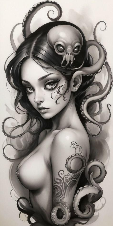 OCTOPUS WOMAN TATTOO DESIGN Octopus Woman, Woman Tattoo Design, Female Warrior Tattoo, Tattoo Design Tattoo, Woman Tattoo, Nude Artwork, Pin Up Tattoos, Warrior Tattoo, Dark Art Tattoo