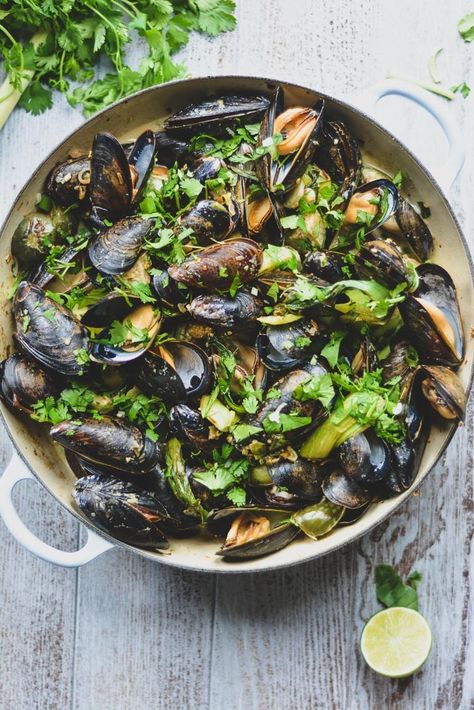 Thai Green Curry Mussels — Wanderings in My Kitchen Mussels In Green Curry Sauce, Thai Green Curry Mussels, Green Curry Mussels, Feminine Food, Large Recipes, Mussels Recipes, Wonder Soup, Mussel Recipes, Curry Mussels