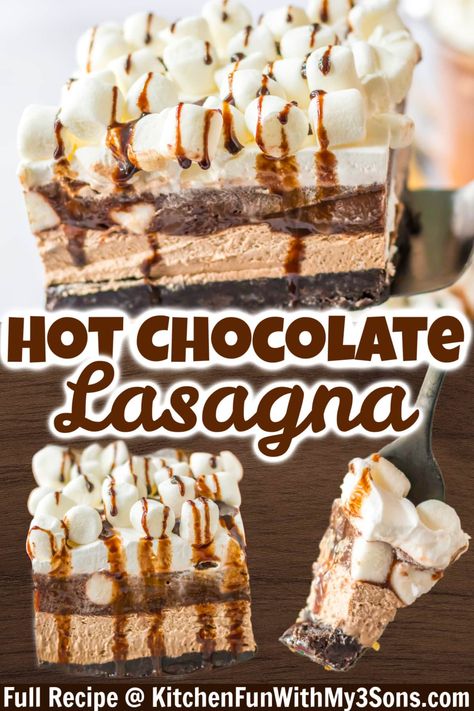 Hot Chocolate Lasagna is a delicious no bake dessert that's perfect for parties. Layered with creamy hot cocoa cheesecake, chocolate pudding and whipped cream all on top of an Oreo crust. Hot Chocolate Lasagna Dessert, Good Desserts Recipes, Hot Cocoa Cheesecake, Hot Chocolate Lasagna, Chocolate Lasagna Dessert, Chocolate Lasagna Recipe, Dessert Lasagna, Delicious Family Dinners, Layered Dessert