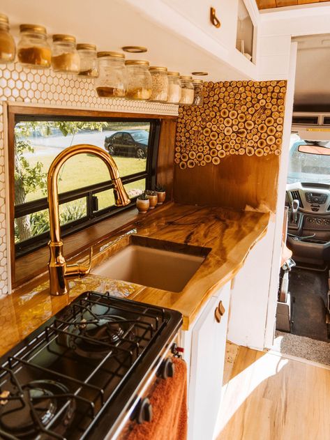 Creative Campervan Kitchen Ideas | Two Wandering Soles Boho Camper Kitchen, Ambulance Interior, Rv Desk, Library Bus, Skoolie Living, Bus Renovation, Camper Conversion Ideas, Bus Build, Campervan Kitchen