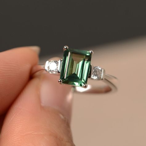 Teal Sapphire Ring Green Sapphire Ring Emerald Cut Sterling - Etsy Blue Green Ring, Silver And Emerald Ring, Silver Ring With Green Stone, Three Stone Emerald Ring, Green Sapphire Engagement Ring Silver, Emerald Silver Engagement Ring, Green Engagement Ring Silver, Emerald Cut Sapphire Engagement Ring, Cringe Wedding