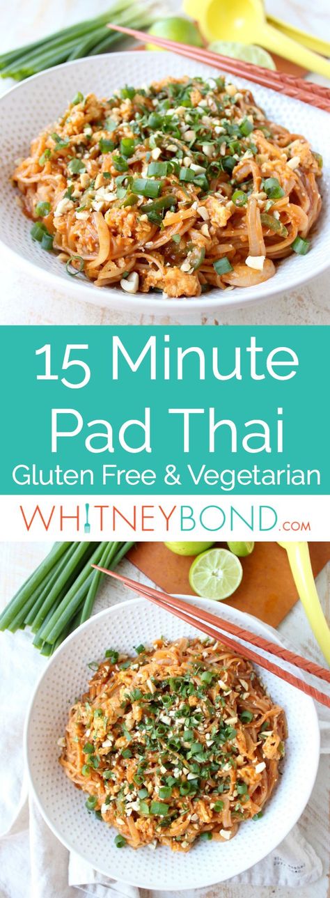 This Spicy Vegetable Pad Thai recipe is easy to make in just 15 minutes! It's gluten free, vegetarian and given a spicy kick from the red curry paste, sriracha and sliced jalapeños!  #glutenfree #recipe #vegetarian #padthai via @whitneybondblog Pad Thai Recipe Vegetarian, Thia Food, Vegetable Pad Thai, Gluten Free Pad Thai, Vegetarian Thai Recipes, Vegetarian Thai, Vegetarian Gluten Free, Gluten Free Vegetarian Recipes, Thai Recipe