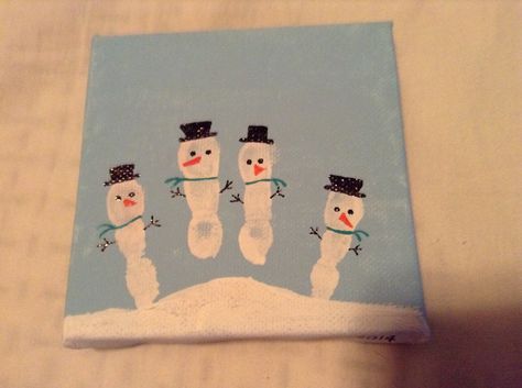 Finger snowmen on canvas Footprint Crafts For Kids, Christmas Footprint Crafts, Christmas Footprint, Baby Christmas Crafts, Footprint Craft, Baby Art Projects, Footprint Crafts, Christmas Snowmen, Christmas Gifts For Parents