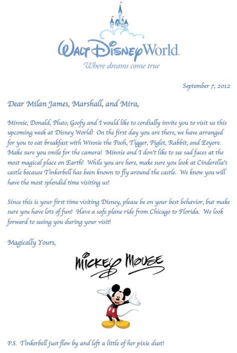 Letter from Mickey Mouse for the kids!  Great idea to get them ready for their upcoming trip!: Mickey Mouse Template, Vacation Board, Mickey Mouse Letters, Disney Surprise, Surprise Vacation, Family Circus, Disney Blog, Disney Trip Planning, Disney Day