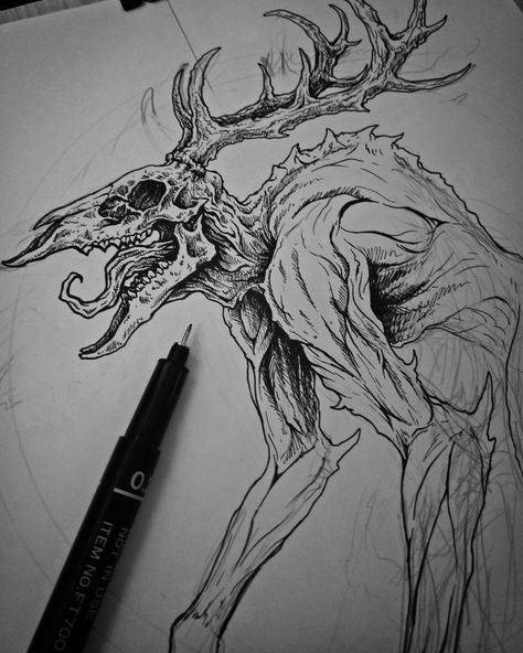 Creepy Gothic Art, Skin Walker Drawing, Windigo Reference Drawing, Wendigo Art Dark, Monster Sketch Dark, Monster Drawing Sketches, Wendigo Drawing, Wendigo Art, Creepy Sketches