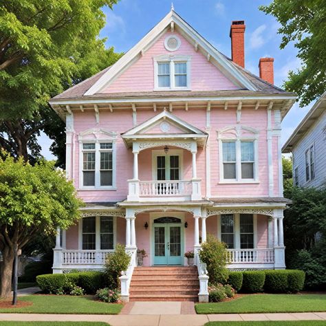 Painted Lady House Color Schemes, Pink Exterior Paint Colors For House, Pink Houses Exterior, Victorian Exterior Color Schemes, Victorian Homes Exterior Colors, Pink House Exterior, Painted Lady House, Best Exterior House Paint, Victorian Homes Exterior