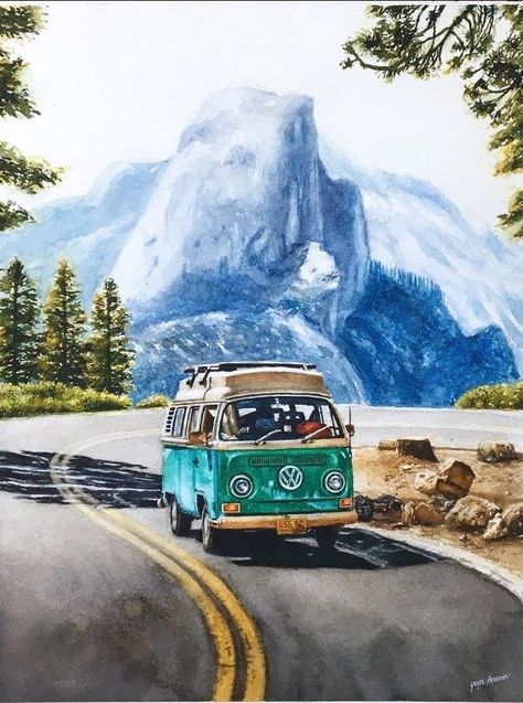 Images Pop Art, Bus Art, Watercolor Travel, Inktober 2024, Vw Art, Travel Painting, 수채화 그림, Nature Art Painting, Brand Board