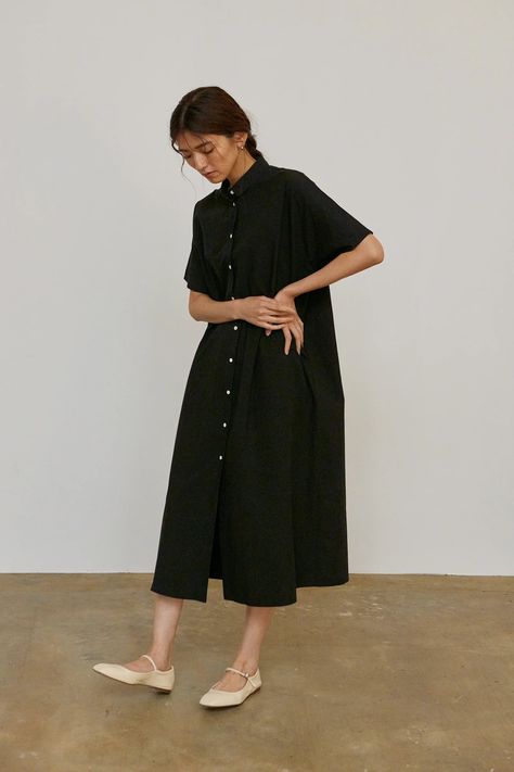 Boxy Shirtdress | Black Women's Organic Cotton Shirtdress | Something to Hold Ceramic Shoes, Utility Dress, Garden Dress, Cotton Shirt Dress, Shell Buttons, Button Down Dress, Black Shirt Dress, Shirtdress, Pocket Dress