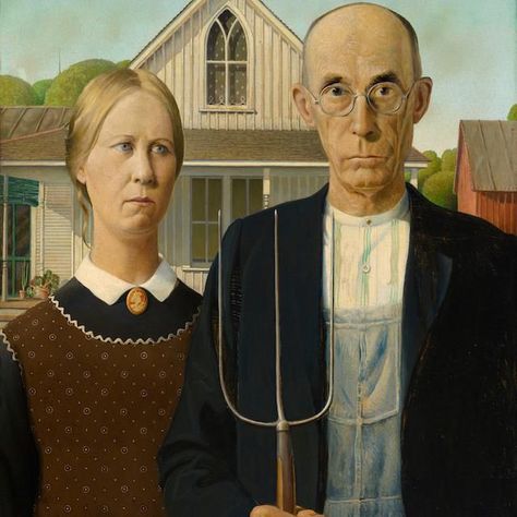 Arguably the most parodied American painting, this iconic work — the centerpiece of an eye-opening new show — is a game-changer. American Gothic Painting, Grant Wood American Gothic, Grant Wood, Most Famous Paintings, Vintage Cross Stitch Pattern, Van Gogh Museum, American Gothic, Arts Ed, Vintage Cross Stitches