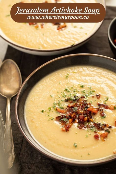 Jerusalem Artichoke Soup (Sunchoke Soup) Artichoke Soup, Artichoke Recipes, Fine Dining Recipes, Crispy Pork, Fall Soups, Garden Recipes, Christmas Cooking, Spicy Sauce, Artichoke