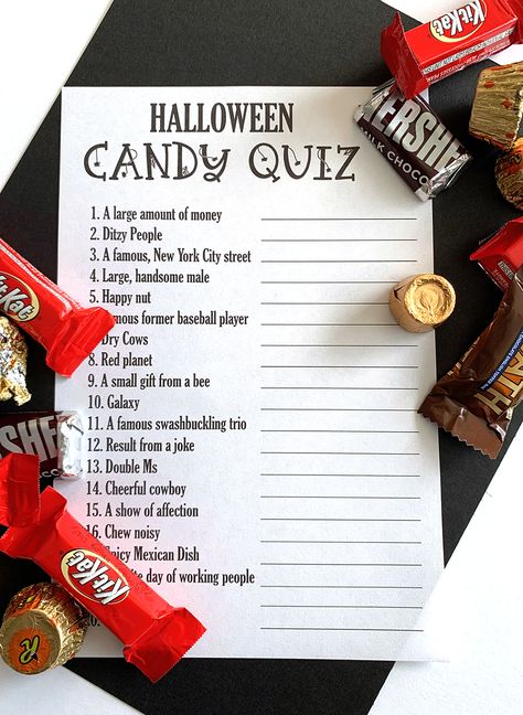 Candy quiz is a simple game. The only supplies you'll need are the free downloads and a writing utensil. Oh, and candy of course. #partygame #halloweengame #roommom #halloweenparty Halloween Family Game Night, Halloween Group Games For Adults, Halloween Game Night, Halloween Questions, Halloween Quiz, Scattergories Game, Witches Night, Fun Halloween Games, Halloween Tricks