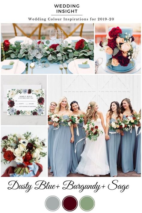 Light Blue Red Wedding Theme, Light Blue Burgundy Wedding, Trending Wedding Colours 2023, Steel Blue And Burgundy Wedding, Burgundy And Dusty Blue Wedding Decor, Sage Green Dusty Blue Maroon Wedding, Dusty Blue Burgundy And Sage Wedding, Dusty Blue And Wine Wedding, Dusty Blue And Red Wedding Theme