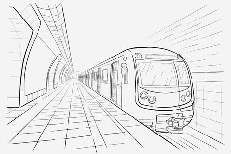 Drawing Ideas For Teenagers, One Perspective Drawing, 1 Point Perspective Drawing, Teenage Drawings, Creative Drawing Ideas, 1 Point Perspective, View Illustration, Train Illustration, Train Drawing