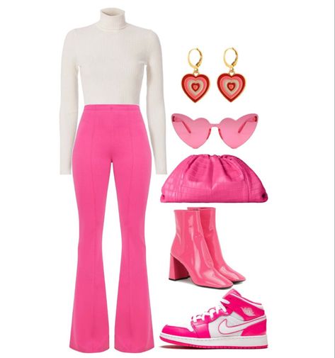 White And Hot Pink Outfit, Hot Pink Clothes Aesthetic, Hot Pink And White Outfit, Neon Pink Outfit Ideas, Pink Black And White Outfit, Hot Pink Aesthetic Outfits, Barbie Inspired Outfits Pink, Hot Pink Outfits Aesthetic, Total Pink Outfit