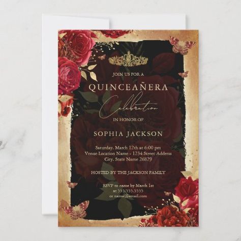 $2.95 | Elegant Red Rose Gold Quinceanera Invitation #quinceanera, 15th, 15th birthday, tiara, diamond, sparkle, birthday, red quinceanera, red, red and gold Butterfly Tiara, Rose Gold Quinceanera, Ros Gold, Quinceanera Invitation, Birthday Tiara, Foil Invitations, Quinceanera Invitations, Fun Wedding Invitations, Floral Butterfly