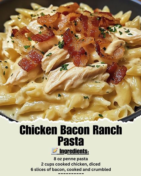 Time of Recipes | 🥓 Chicken Bacon Ranch Pasta - creamy, dreamy, and oh-so-delicious | Facebook Creamy Chicken Bacon Ranch Pasta, Bacon Ranch Pasta, Pasta Creamy, Chicken Bacon Pasta, Chicken Bacon Ranch Pasta, Chicken Crispy, Ranch Pasta, Bacon Pasta, Pasta Ingredients