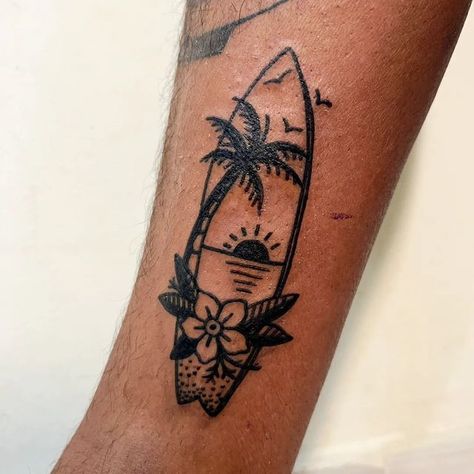 Surf Tattoo Traditional, American Traditional Surfboard Tattoo, American Traditional Surf Tattoo, Traditional Surfboard Tattoo, Surfing Tattoos Girl, Surf Board Tattoo Design, Surfboard Tattoo Small, Traditional Beach Tattoo, Surfer Tattoo Ideas